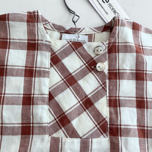 Violeta E Federico boys brown white plaid linen blend s/s shirt size 3 NWT - Picture 2 of 7